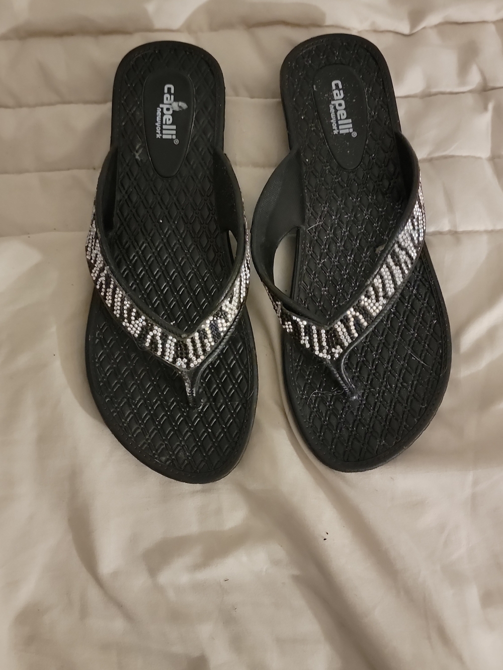 Capelli of New York Black Flip Flop Sandals with Silver Crystal Straps